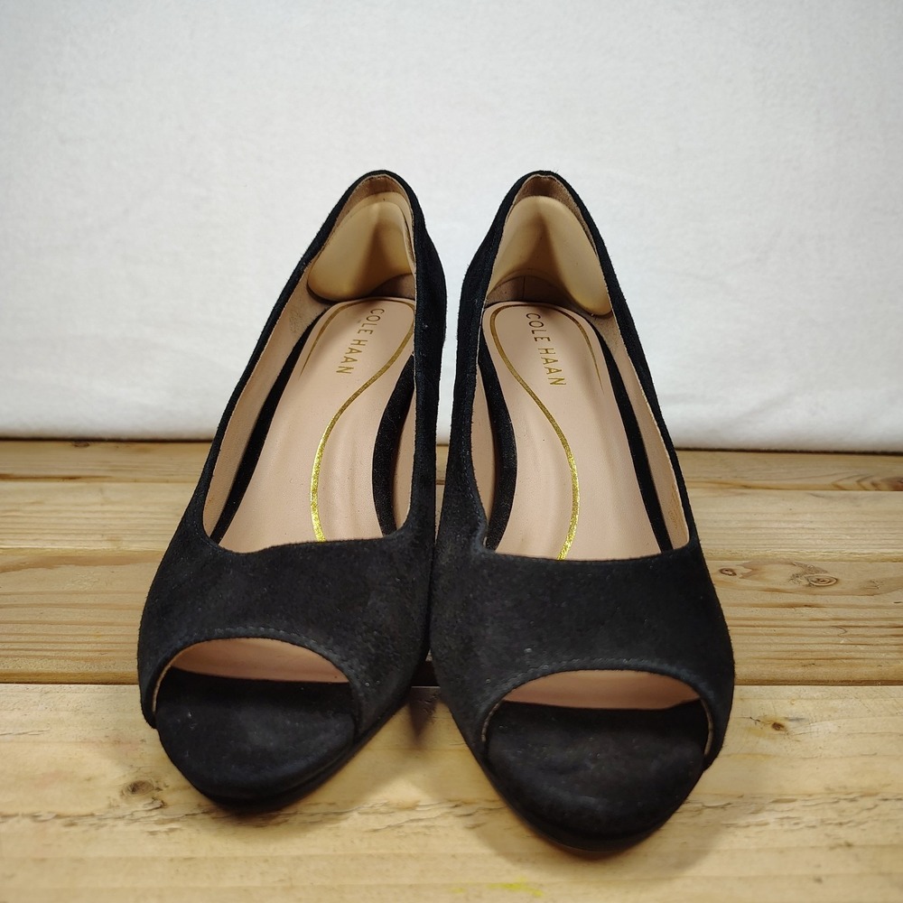 Coal Hann Black Suede Peep Toe Platform Pump Size 7B Patent Accent Heel